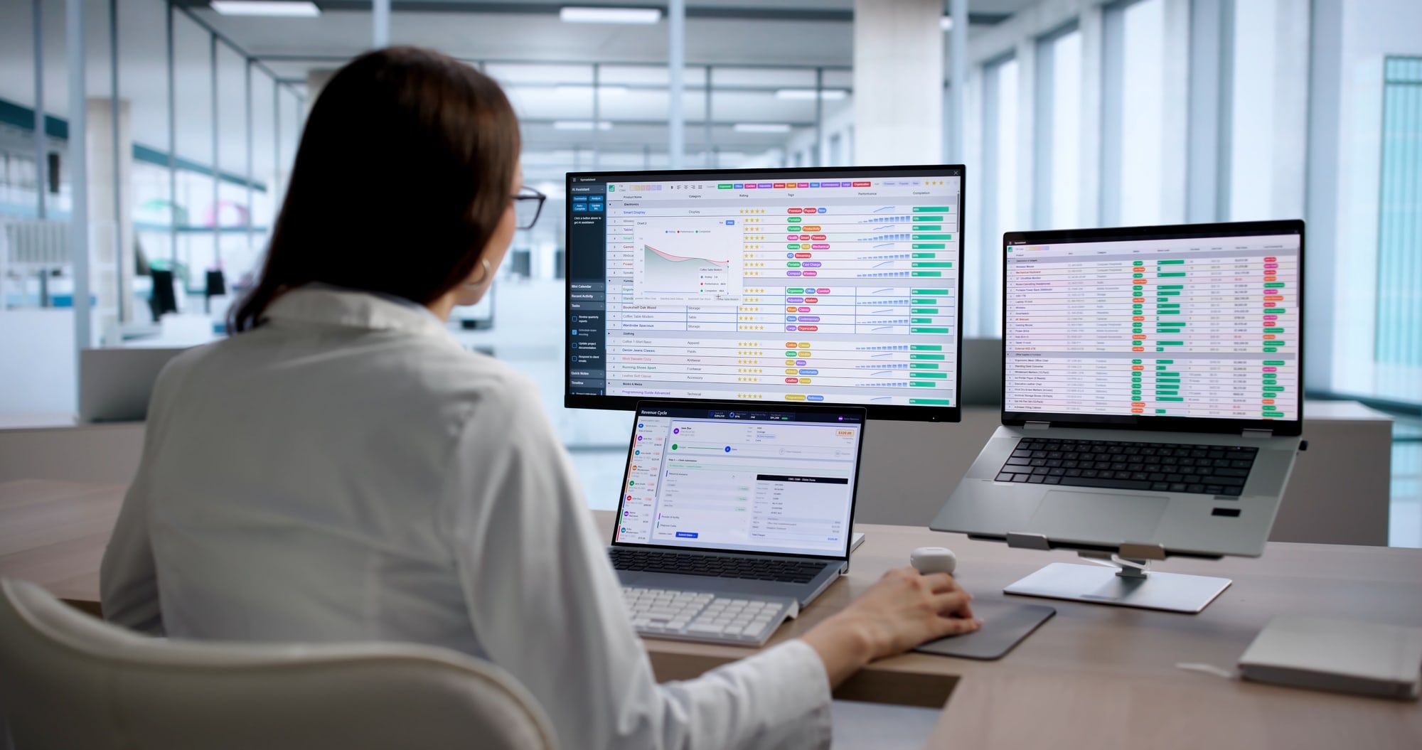 Analyst working across a laptop and desktop monitor
