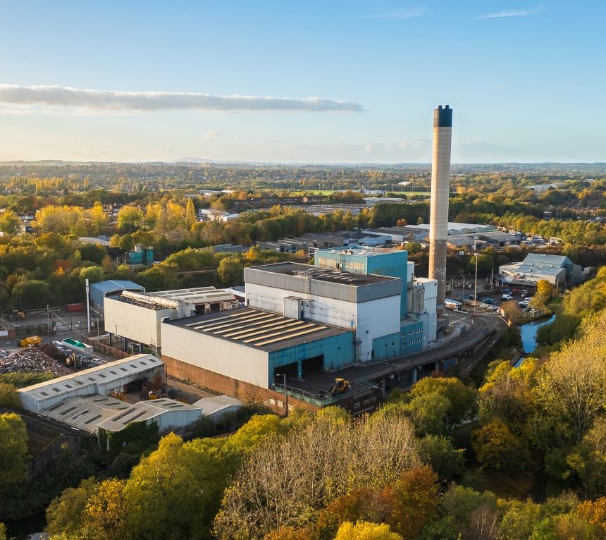Energy from waste plant and chimney stack at golden hour
