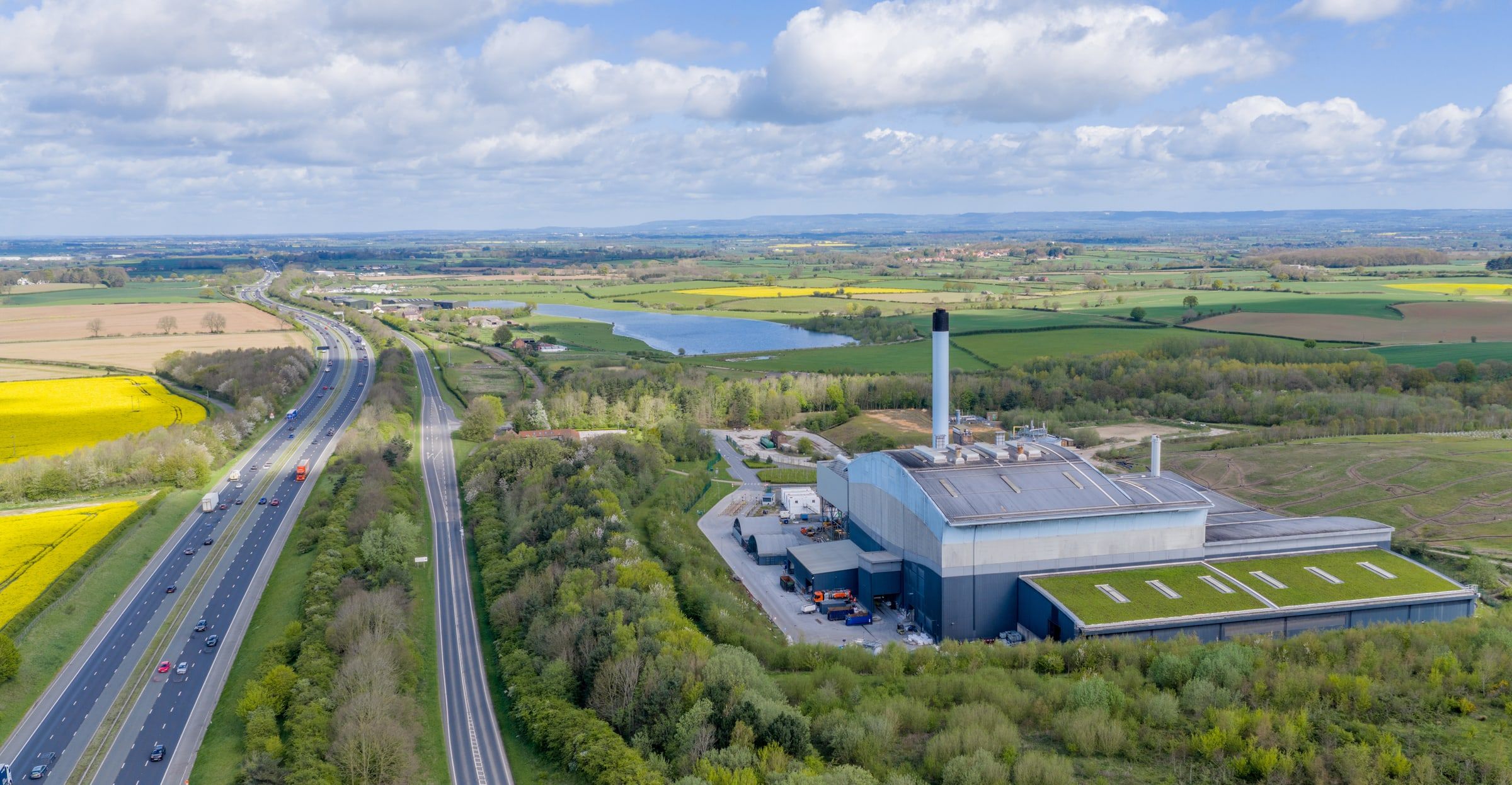 Aerial view of an energy from waste facility surrounded by farmland
