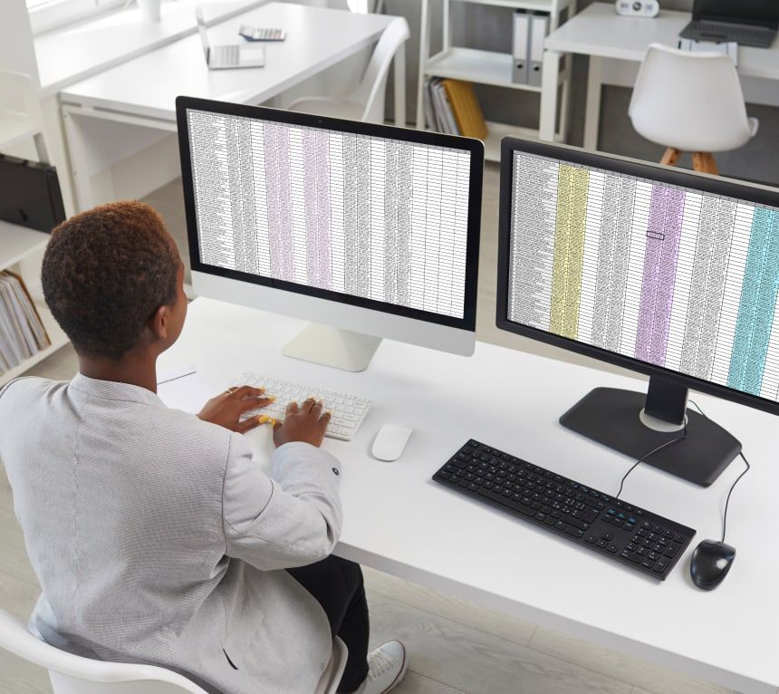 Analyst reviewing asset data across two monitors